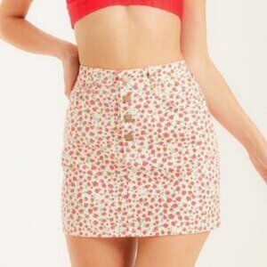 Billabong Red Cream Ditsy Floral Buttonfly Denim Mini Skirt